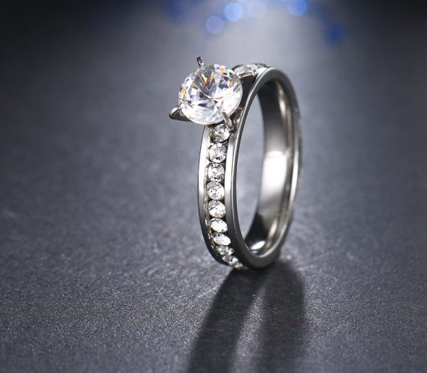 Patterned Stainless Steel Ring with Rhinestone - Image 3