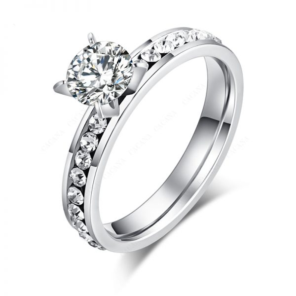 Patterned Stainless Steel Ring with Rhinestone